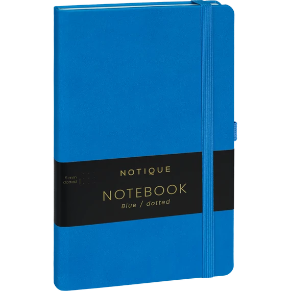 Keménytáblás notesz pontozott vonalozással krémszínű lapokkal leszorító gumiszalaggal Blue 130x210mm, Presco
