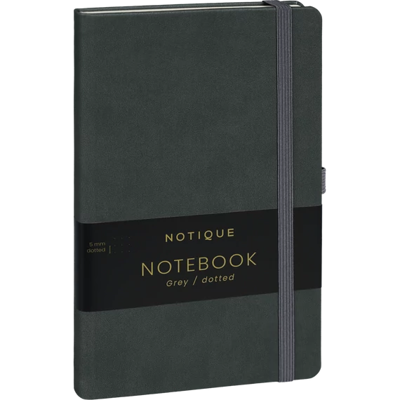 Keménytáblás notesz pontozott vonalozással krémszínű lapokkal leszorító gumiszalaggal Gray 130x210mm, Presco