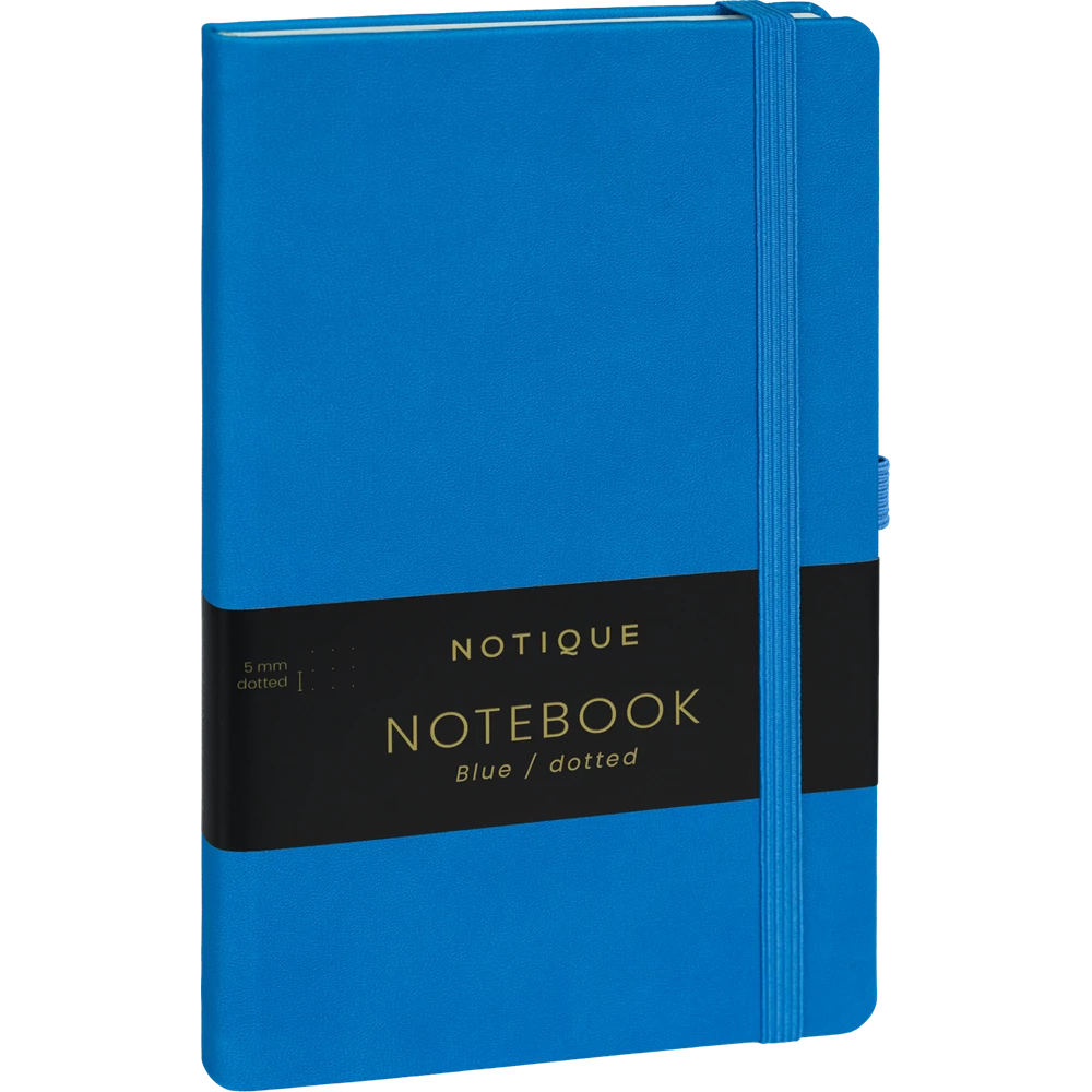 Keménytáblás notesz pontozott vonalozással krémszínű lapokkal leszorító gumiszalaggal Blue 130x210mm, Presco