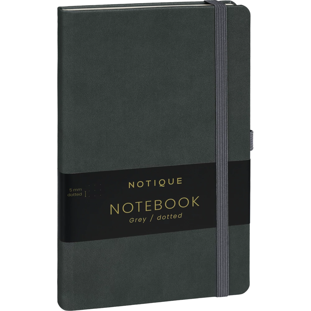 Keménytáblás notesz pontozott vonalozással krémszínű lapokkal leszorító gumiszalaggal Gray 130x210mm, Presco